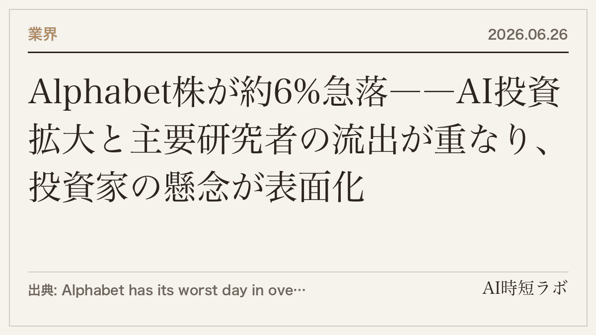 Alphabet株が約6%急落――AI投資拡大と主要研究者の流出が重なり、投資家の懸念が表面化の記事画像