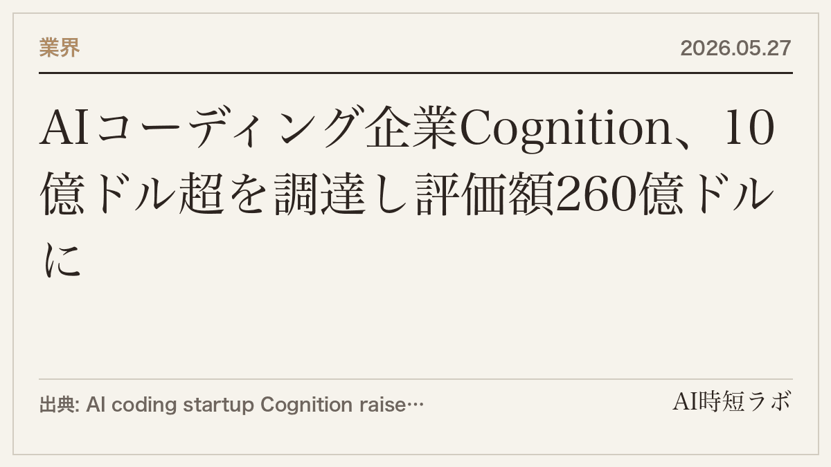 AIコーディング企業Cognition、10億ドル超を調達し評価額260億ドルに
