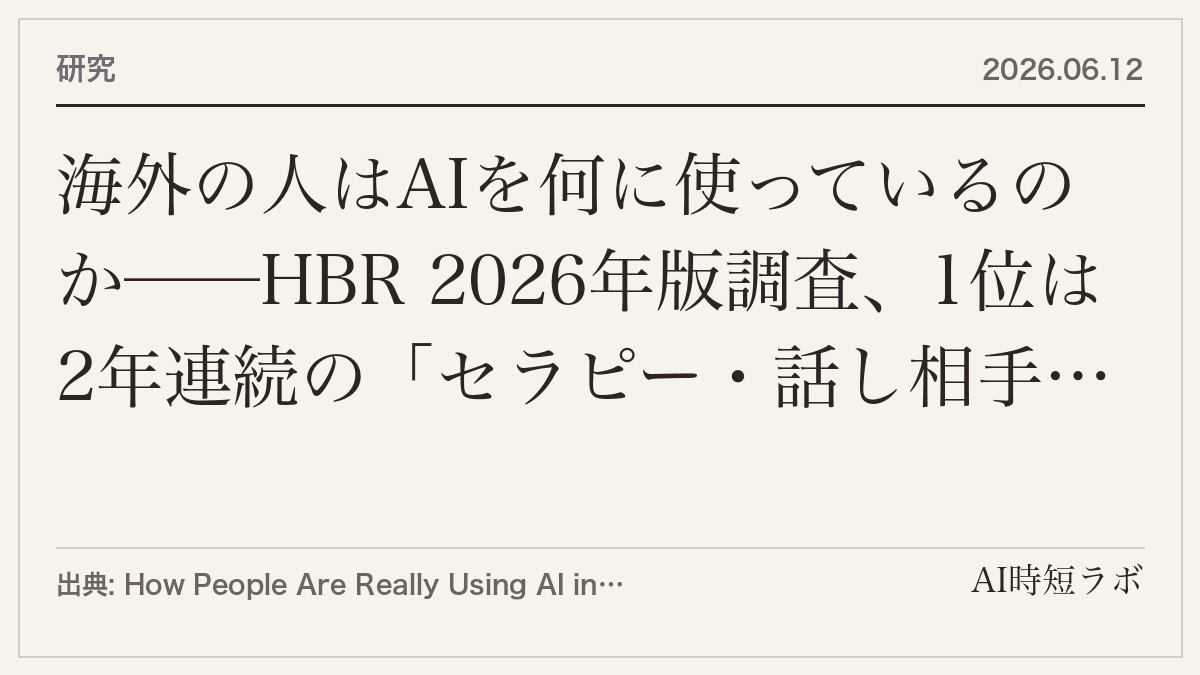 海外の人はAIを何に使っているのか──HBR 2026年版調査、1位は2年連続の「セラピー・話し相手」、急上昇は「おふざけ」
