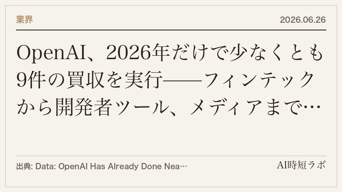 OpenAI、2026年だけで少なくとも9件の買収を実行——フィンテックから開発者ツール、メディアまで「垂直統合」加速の記事画像