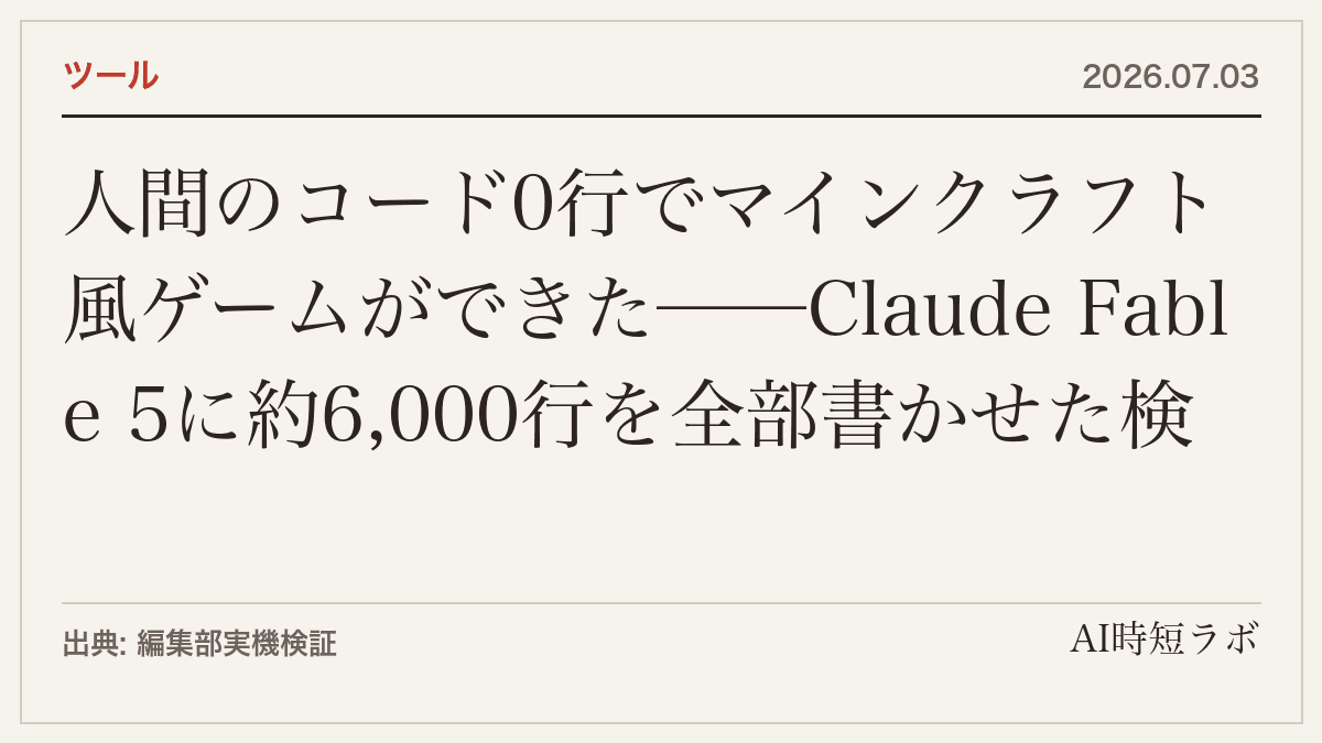 人間のコード0行でマインクラフト風ゲームができた──Claude Fable 5に約6,000行を全部書かせた検証記録の記事画像