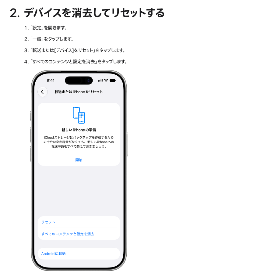 Appleの初期化のページの「デバイスを消去してリセットする」。手順1から4の文言と、「転送またはiPhoneをリセット」の画面の図。画面には「リセット」「すべてのコンテンツと設定を消去」「Androidに転送」が並ぶ（2026年10月13日7時56分に筆者が撮影）