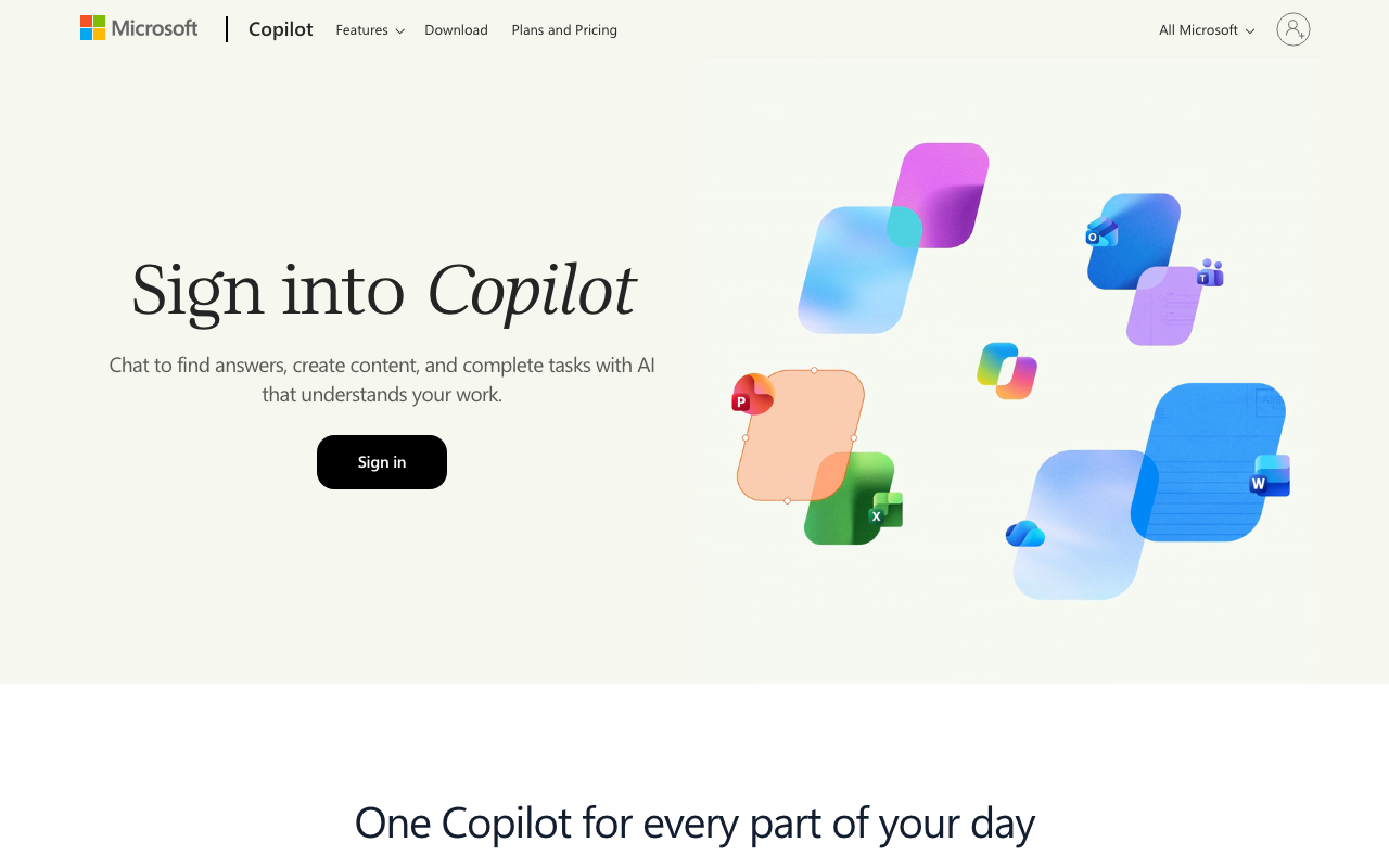 bing.com/chat を開いた先。copilot.com の「Sign into Copilot」の画面(筆者の10月8日の画面では英語)