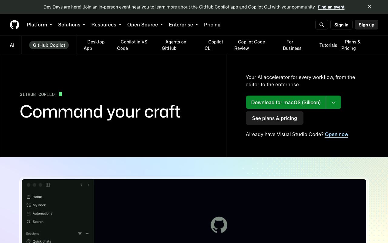 github.com/features/copilot のページ。Command your craft の見出しと、See plans & pricing のボタン