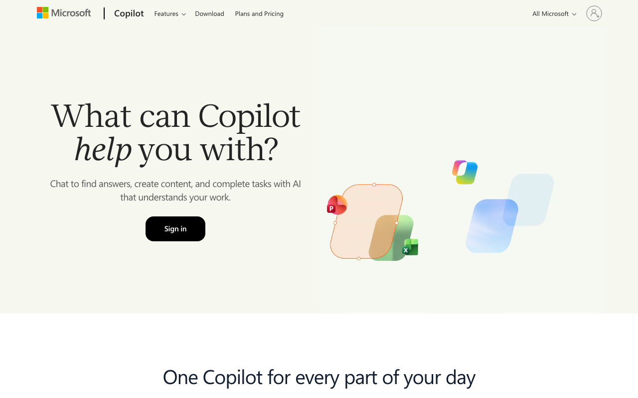 Copilot の公式ページ（copilot.com・英語表示）。「What can Copilot help you with?」の下に「Sign in」のボタンがあり、質問を入れる欄は無い