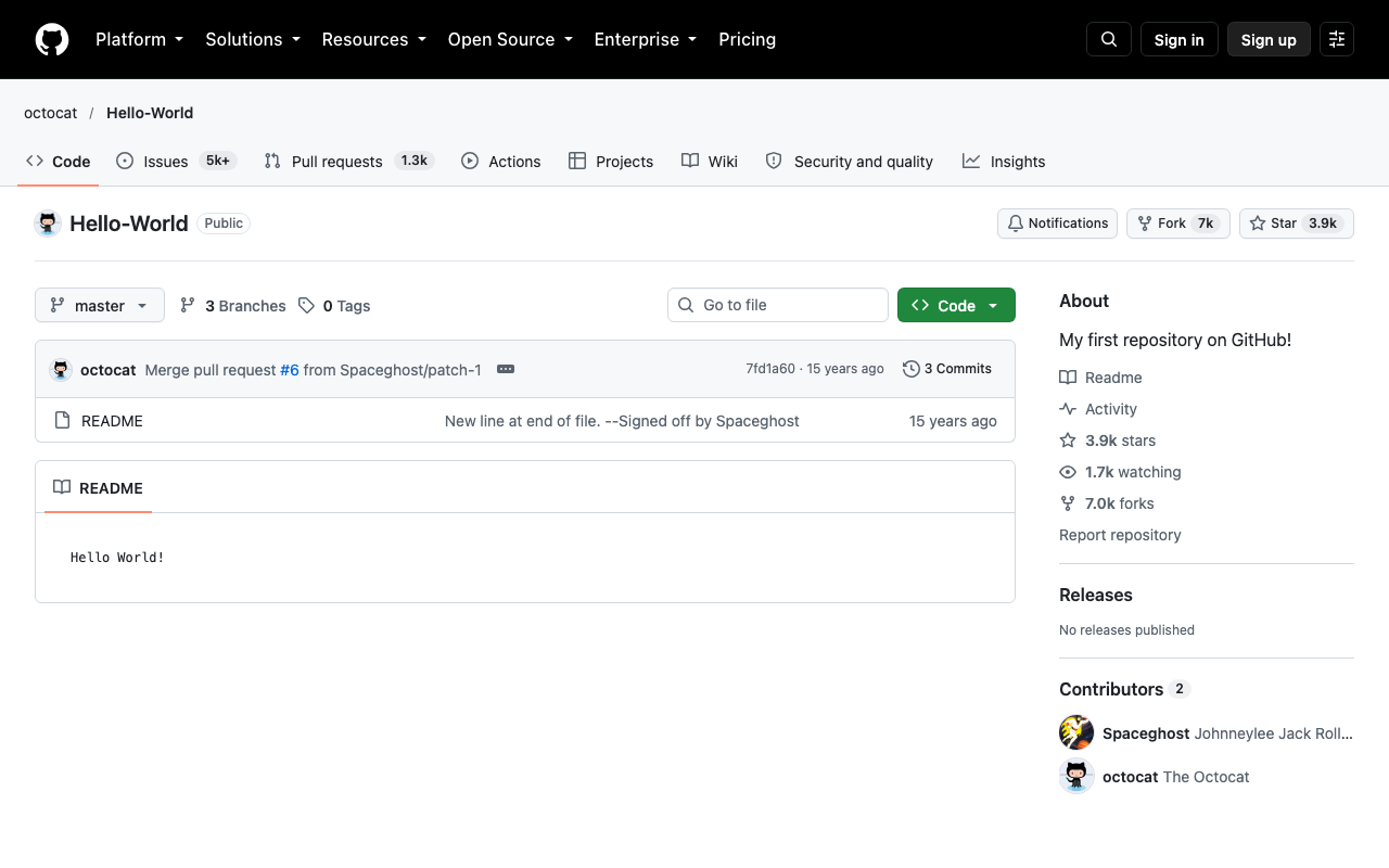 octocat/Hello-World のリポジトリ画面(パソコン)。Public の表示、ブランチ、README、スター3.9k、フォーク7.0k が見える