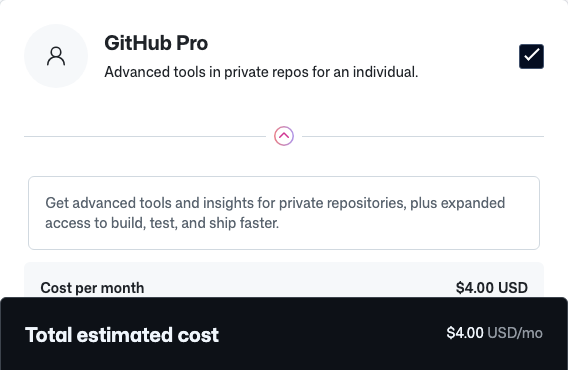 GitHub の料金計算ページで GitHub Pro にチェックを入れた画面。Cost per month が $4.00 USD と出ている