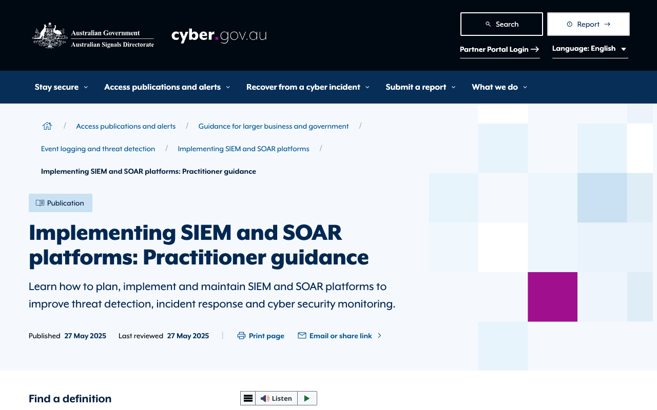ASDのACSCのページ「Implementing SIEM and SOAR platforms: Practitioner guidance」。Published 27 May 2025、Last reviewed 27 May 2025の表示が見える