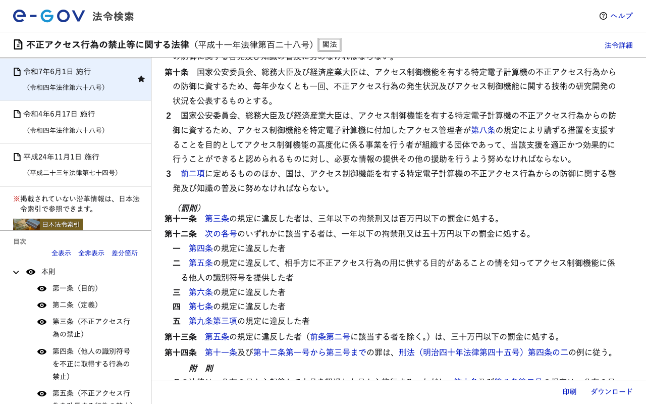e-Gov法令検索の第10条から第14条の画面。第11条は三年以下の拘禁刑又は百万円以下の罰金
