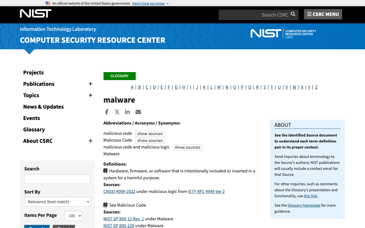 NISTのCSRC用語集のmalwareのページの最初の画面