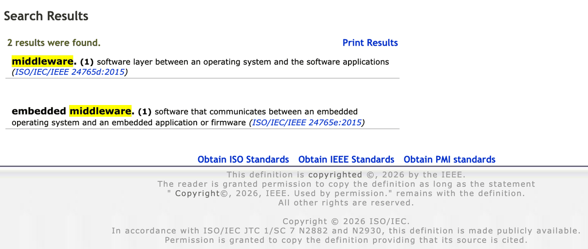 標準の用語集SEVOCABでmiddlewareを検索した結果。ISO/IEC/IEEE 24765d:2015の定義と、ページ下部のIEEEとISO/IECの著作権表示が出ている画面(2026年10月13日3時47分に撮影)