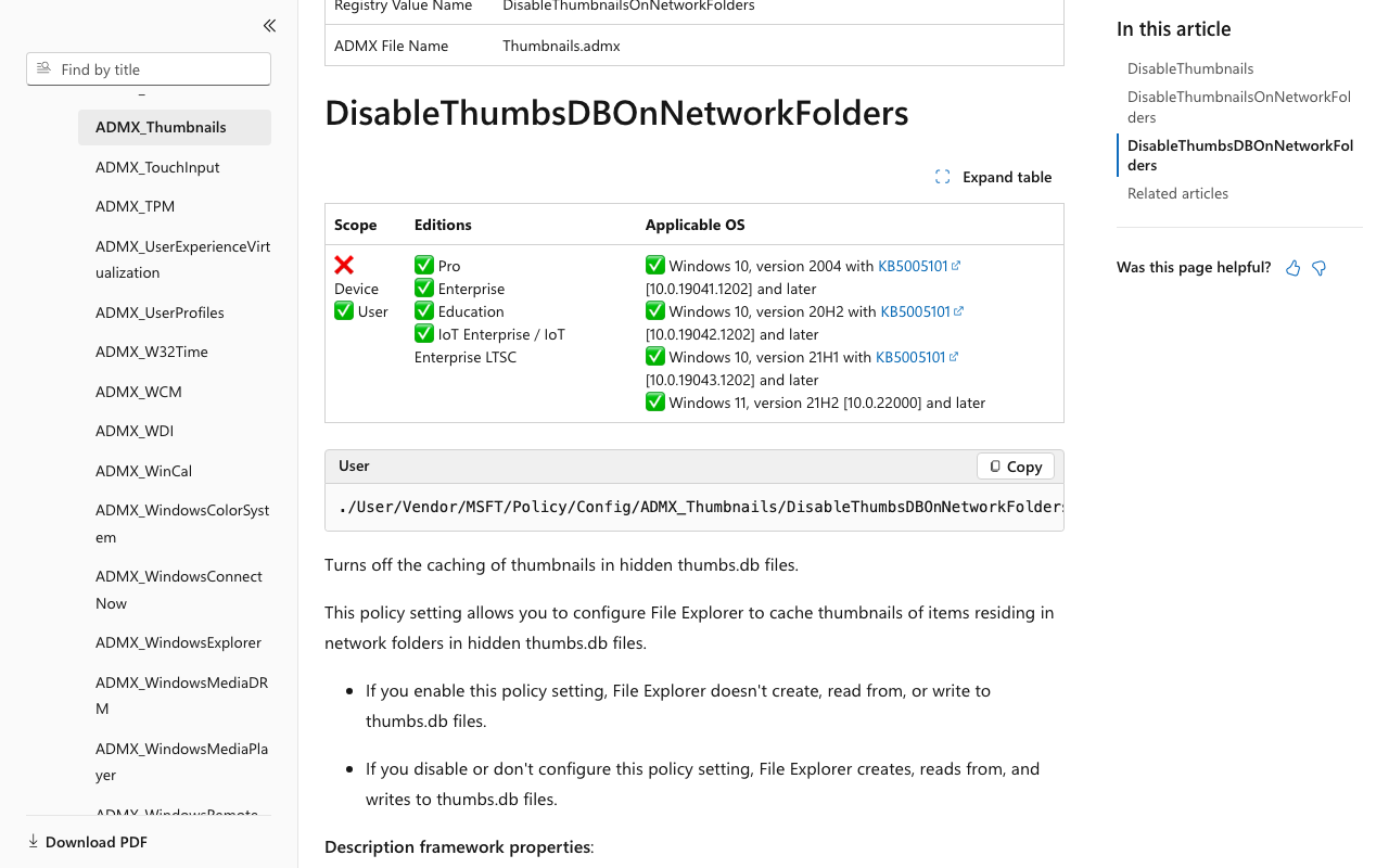 Microsoft Learnのポリシーのページで、DisableThumbsDBOnNetworkFoldersの節にEditions欄と対象のWindows 10・11が並ぶ画面