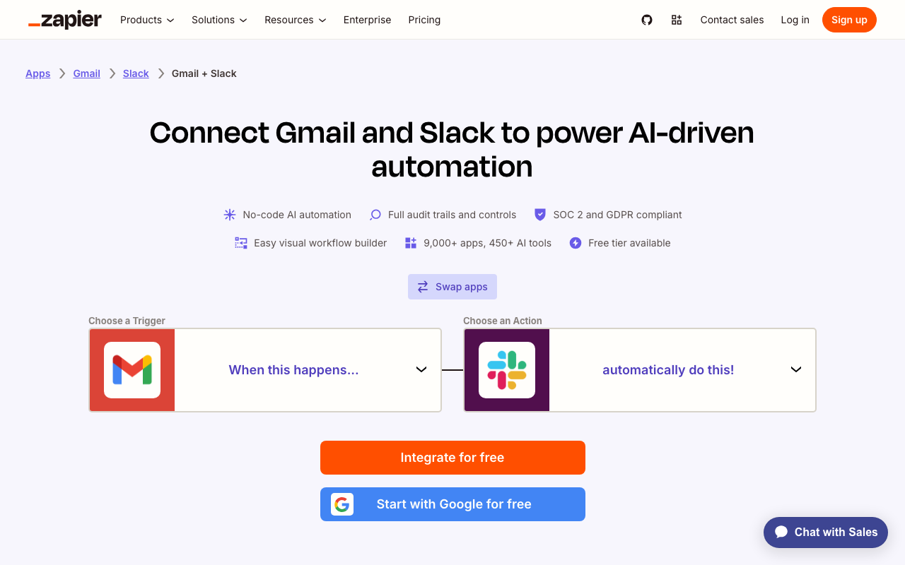 ZapierのGmail+Slack連携ページ。「Choose a Trigger」の欄に「When this happens...」、「Choose an Action」の欄に「automatically do this!」とあり、その下に「Integrate for free」と「Start with Google for free」のボタンが並ぶ。2026年10月8日撮影