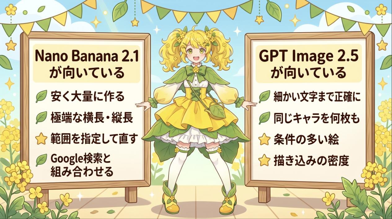 使い分けの図。左に「Nano Banana 2.1が向いている：安く大量に作る・極端な横長と縦長・範囲を指定して直す・Google検索と組み合わせる」、右に「GPT Image 2.5が向いている：細かい文字まで正確に・同じキャラを何枚も・条件の多い絵・描き込みの密度」（文言は筆者が指定し、Nano Banana 2.1が描いた）