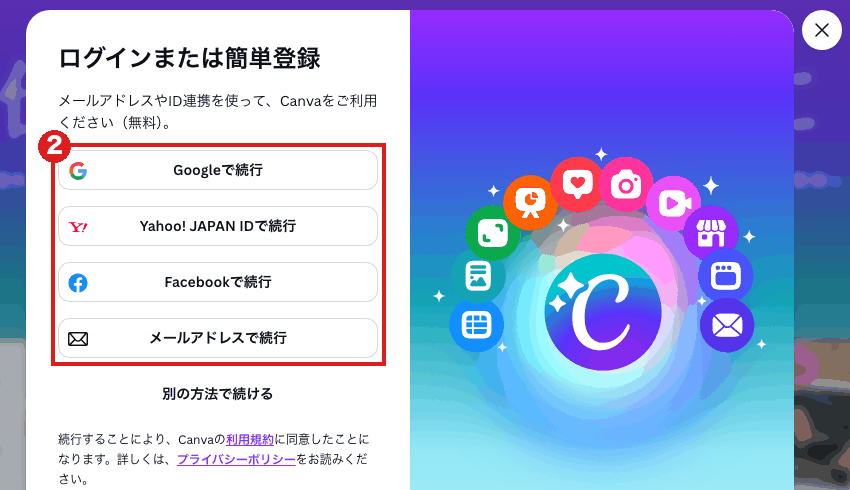 Canvaの「ログインまたは簡単登録」画面(パソコン)。Google・Yahoo! JAPAN ID・Facebook・メールアドレスの4つのボタンを赤枠②で囲んでいる
