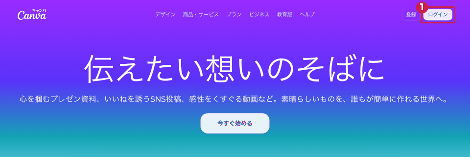 Canvaのトップ画面(パソコン)。右上の「ログイン」ボタンを赤枠①で示している