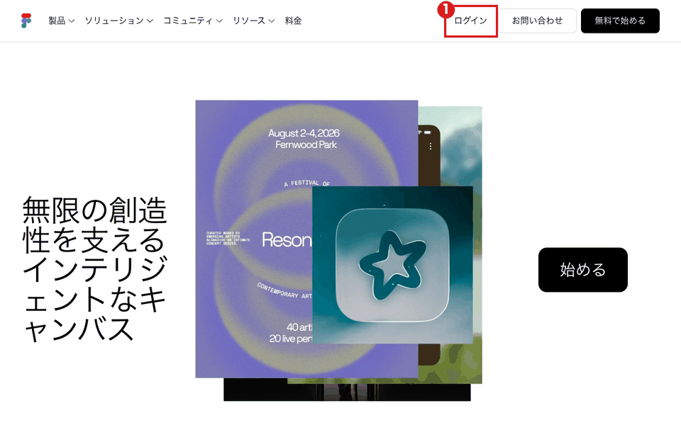 Figmaの日本語トップ画面(パソコン)。右上の「ログイン」ボタンを赤枠①で示している