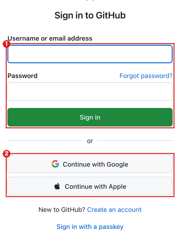 スマホの大きさで開いた GitHub のサインイン画面。赤枠①はユーザー名・パスワードと「Sign in」、赤枠②は「Continue with Google」と「Continue with Apple」