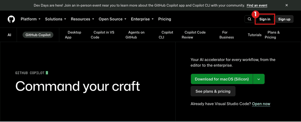 GitHub Copilot の公式ページ（パソコンの画面）。右上の「Sign in」ボタンを赤枠①で示している