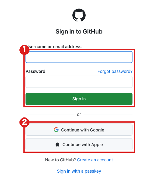 GitHub のサインイン画面（パソコン）。赤枠①はユーザー名・パスワードの入力欄と緑の「Sign in」、赤枠②は「Continue with Google」と「Continue with Apple」
