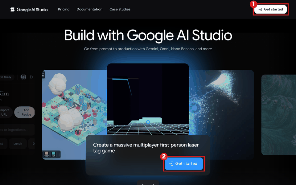 Google AI Studio のトップ画面(パソコン)。右上の「Get started」を赤枠①、中ほどの例文の枠にある青い「Get started」を赤枠②で示している