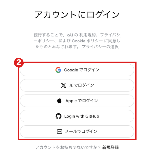 Grokの「アカウントにログイン」画面(パソコン)。Google・𝕏・Apple・GitHub・メールの5つのボタンを赤枠②で囲んでいる