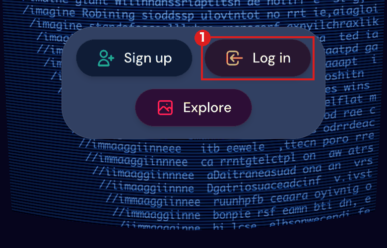 スマホの大きさで開いたMidjourneyのトップ画面。「Sign up」「Log in」「Explore」の3つのうち、「Log in」を赤枠①で示している