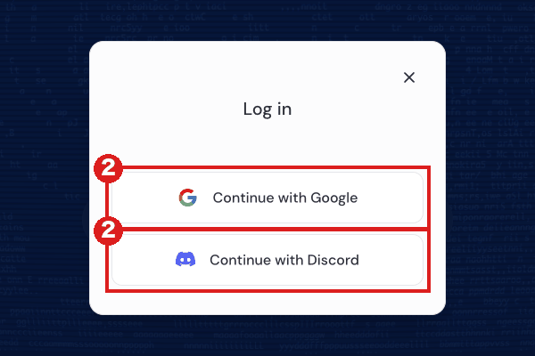 Midjourneyの「Log in」ウィンドウ(パソコン)。「Continue with Google」と「Continue with Discord」の2つが並び、どちらも赤枠②で示している