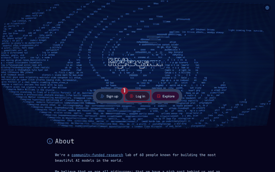 Midjourneyのトップ画面(パソコン)。中央の3つのボタンのうち、「Log in」を赤枠①で示している
