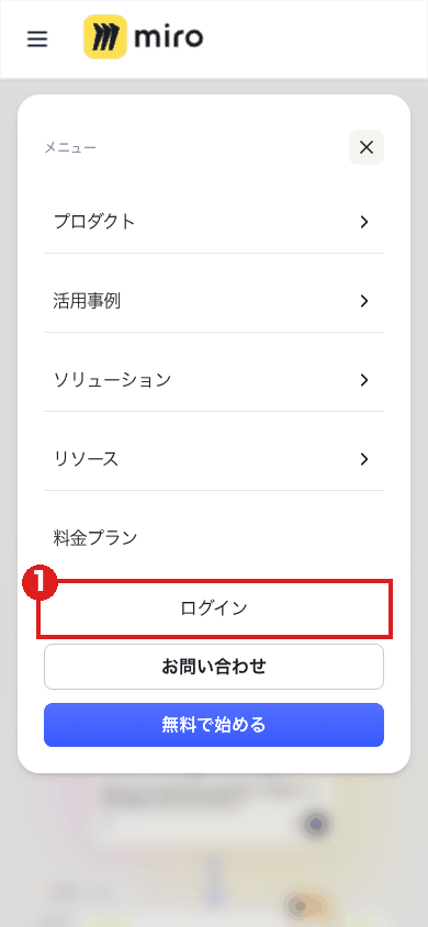 スマホの大きさで開いたMiroのメニュー。「料金プラン」の下、「お問い合わせ」の上にある「ログイン」を赤枠①で示している