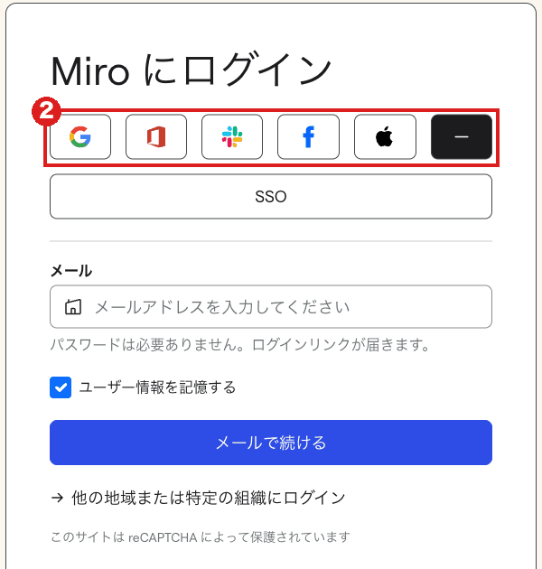 「+」を押した後の「Miro にログイン」画面。赤枠②の中に、左から Google・Microsoft・Slack・Facebook・Apple のロゴだけのボタンと、元に戻す黒いボタンが並ぶ