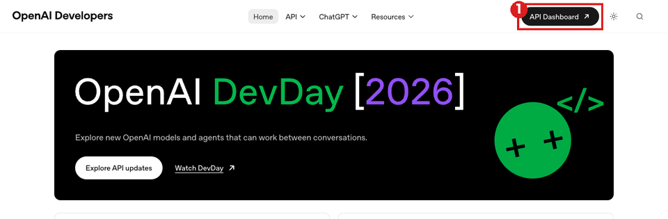 OpenAI Developers のトップ(パソコン)。右上の「API Dashboard」ボタンを赤枠①で示している。押すと platform.openai.com/login に移る