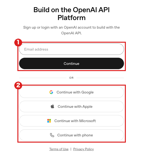 OpenAI API Platform のログイン画面(パソコン)。赤枠①はメールアドレスの入力欄と「Continue」、赤枠②は Google・Apple・Microsoft・電話で続ける4つのボタン