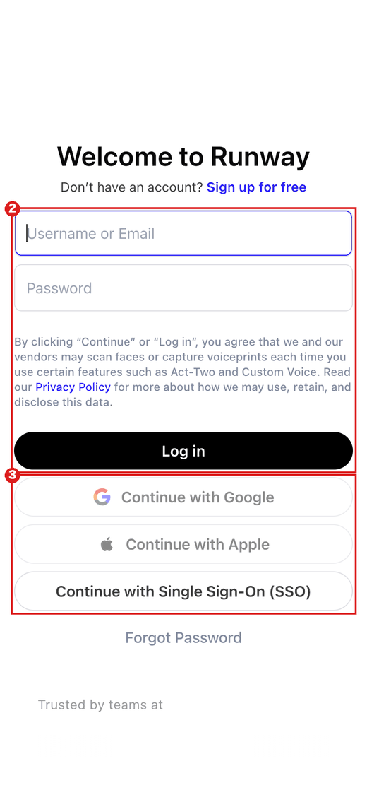 スマホの大きさで開いたRunwayのログイン画面。赤枠②がメール・パスワードと「Log in」、赤枠③がGoogle・Apple・SSOのボタン