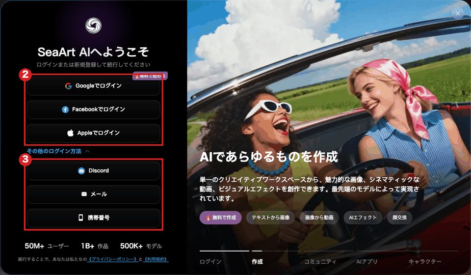SeaArtのログイン画面(パソコン・日本語)。赤枠②はGoogle・Facebook・Appleの3つのボタン、赤枠③は「その他のログイン方法」を開いて出たDiscord・メール・携帯番号