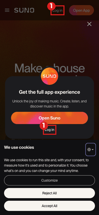 スマホのブラウザで開いたSuno。画面上の端の「Log in」と、アプリの案内の窓の中の「Log in」を赤枠①で示している