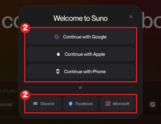 Sunoの「Welcome to Suno」ログイン画面(パソコン)。赤枠②は「Continue with Google」「Continue with Apple」「Continue with Phone」の3つと、下の段の「Discord」「Facebook」「Microsoft」