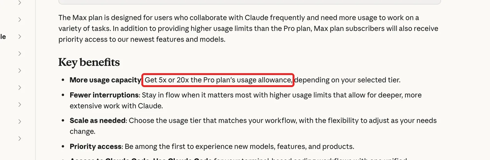 変わる前のヘルプ記事「What is the Max plan?」。Key benefitsの最初の行「Get 5x or 20x the Pro plan's usage allowance」が赤い枠で囲んである