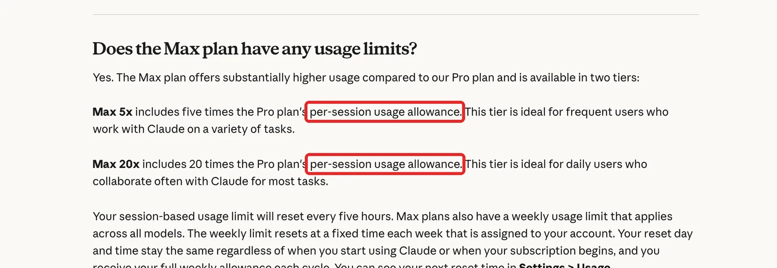 変わる前のヘルプ記事の「Does the Max plan have any usage limits?」の節。Max 5xとMax 20xの説明の「per-session usage allowance」が赤い枠で囲んであり、その下に週の上限もあると書かれている