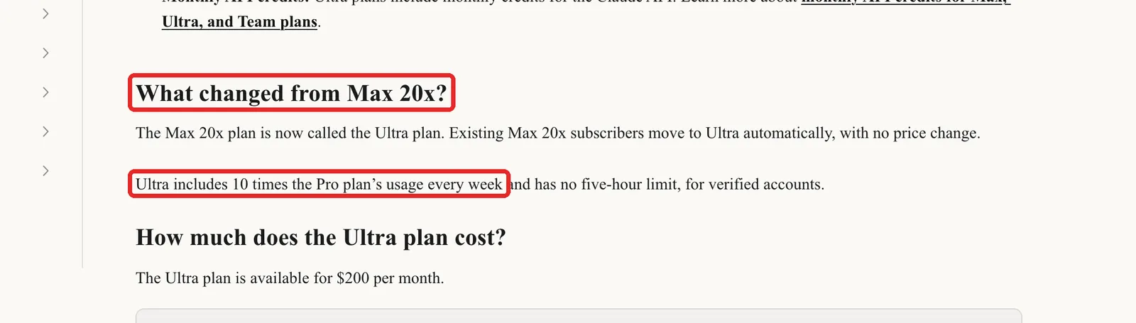 ClaudeヘルプのUltraプランの記事。「What changed from Max 20x?」の見出しと「Ultra includes 10 times the Pro plan's usage every week」の文が赤い枠で囲んである