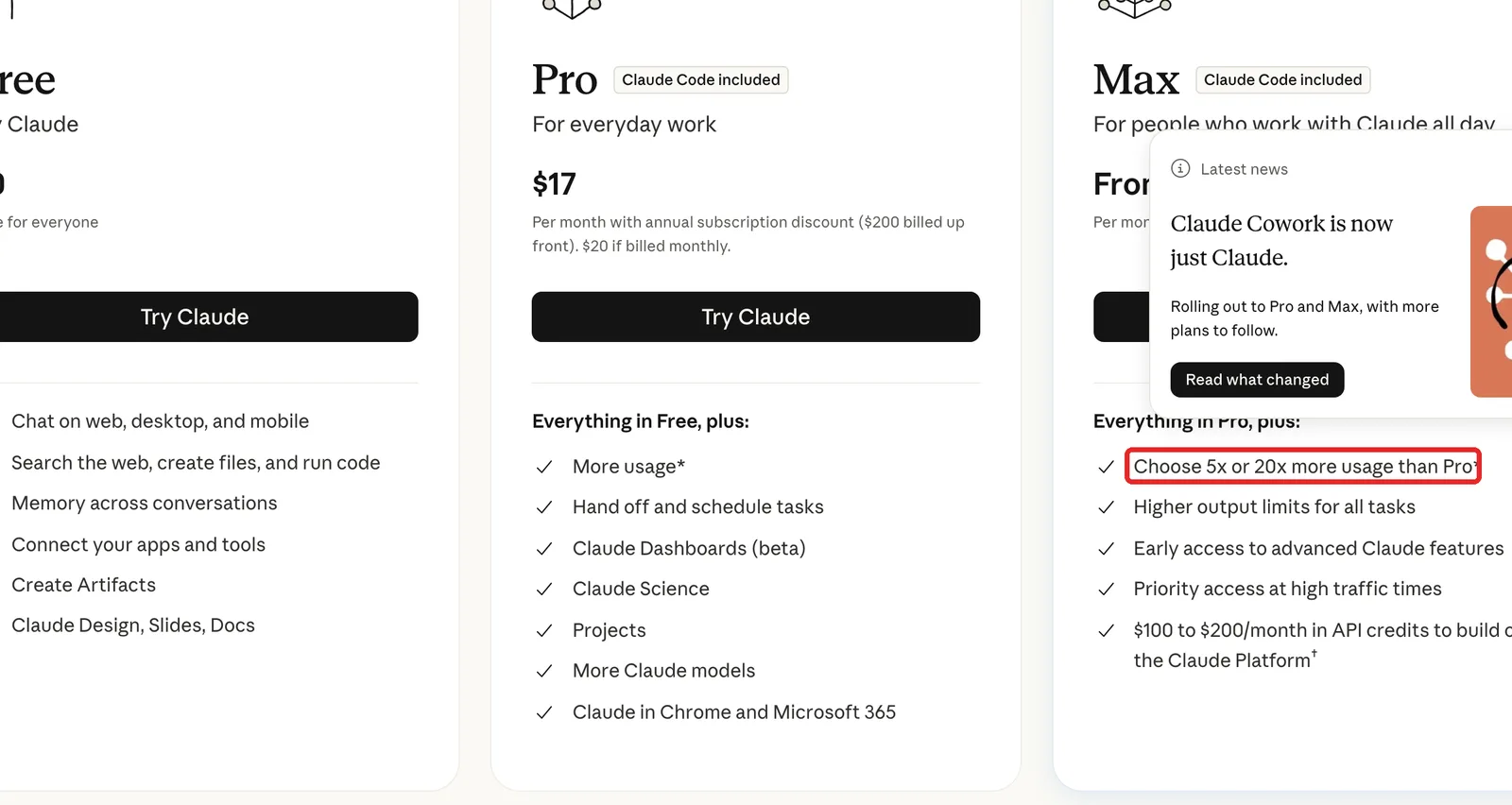 変わる前のClaude料金ページ。Maxのカードに「Choose 5x or 20x more usage than Pro」とあり、赤い枠で囲んである。その下に「Higher output limits for all tasks」の行がある