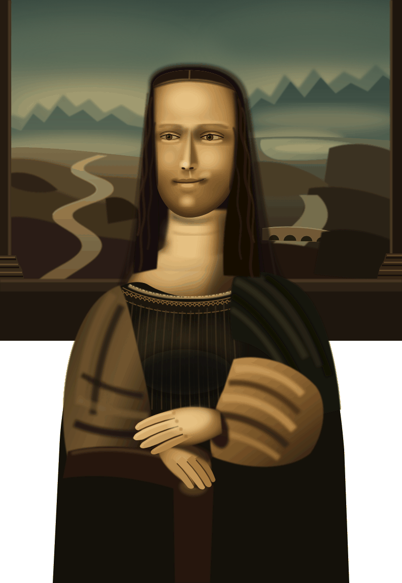 Gemini 4 ArgonがSVGのコードだけで描いたモナリザ。窓の外に山と曲がった道があり、女性が手を重ねている。絵の下半分の背景は白く欠けている