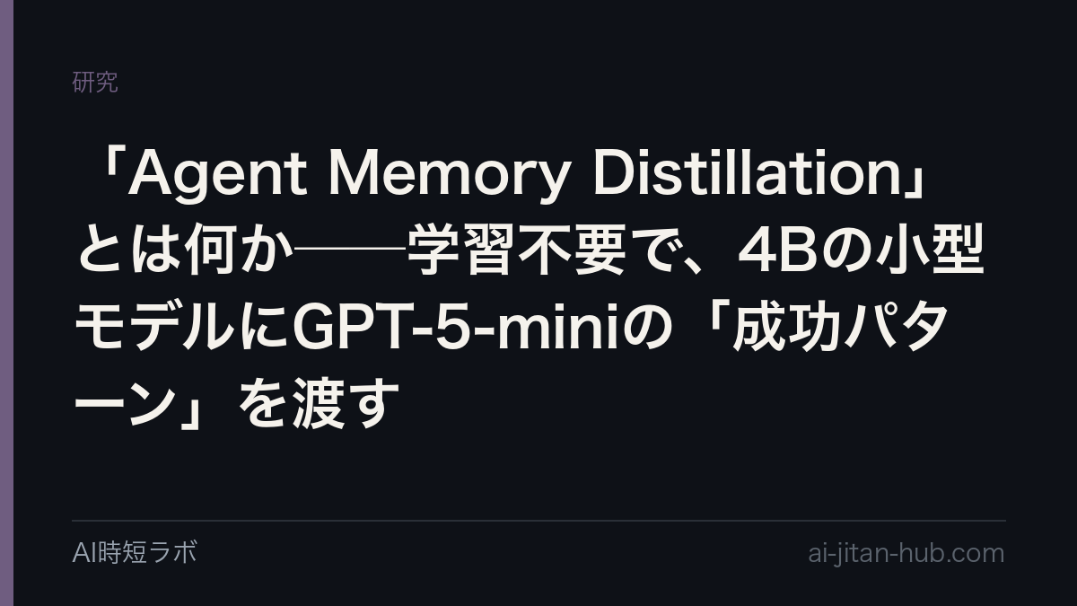 「Agent Memory Distillation」とは何か──学習不要で、4Bの小型モデルにGPT-5-miniの「成功パターン」を渡す