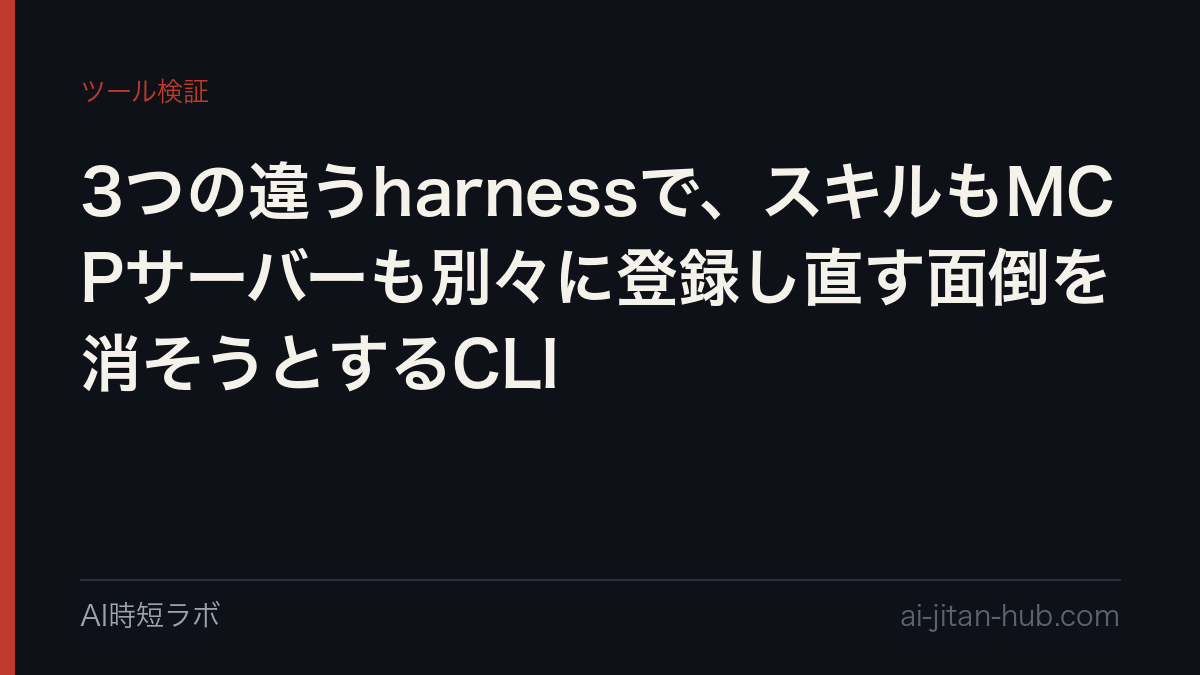 3つの違うharnessで、スキルもMCPサーバーも別々に登録し直す面倒を消そうとするCLIの記事画像