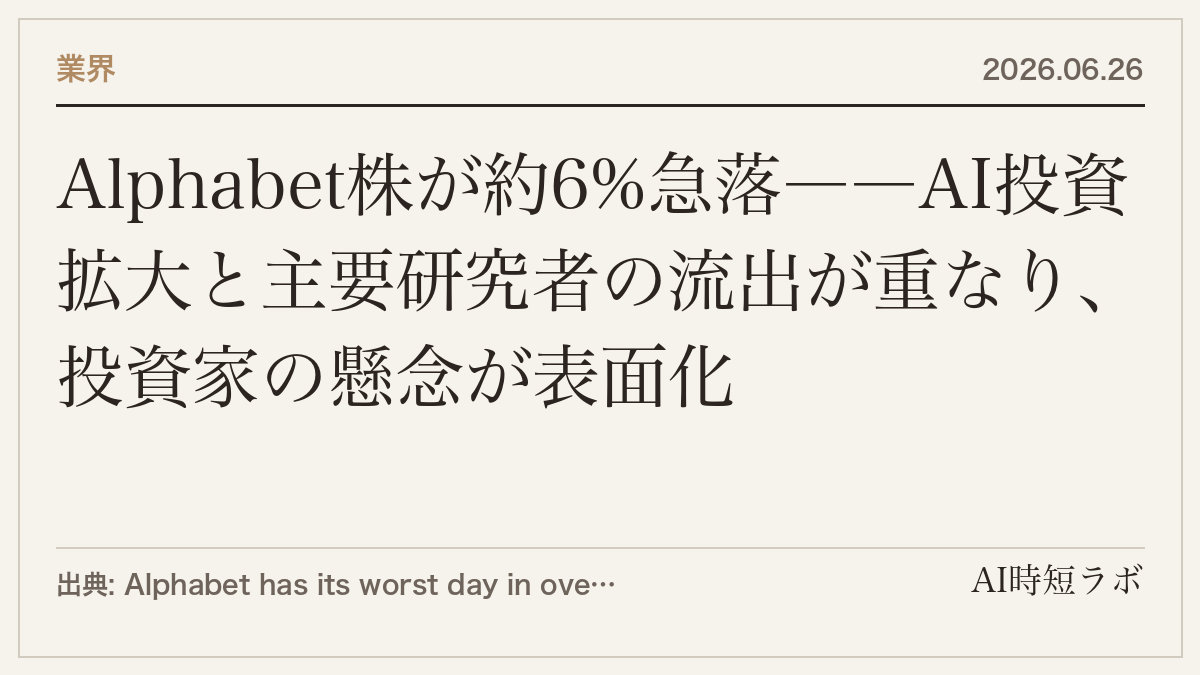 Alphabet株が約6%急落――AI投資拡大と主要研究者の流出が重なり、投資家の懸念が表面化の記事画像