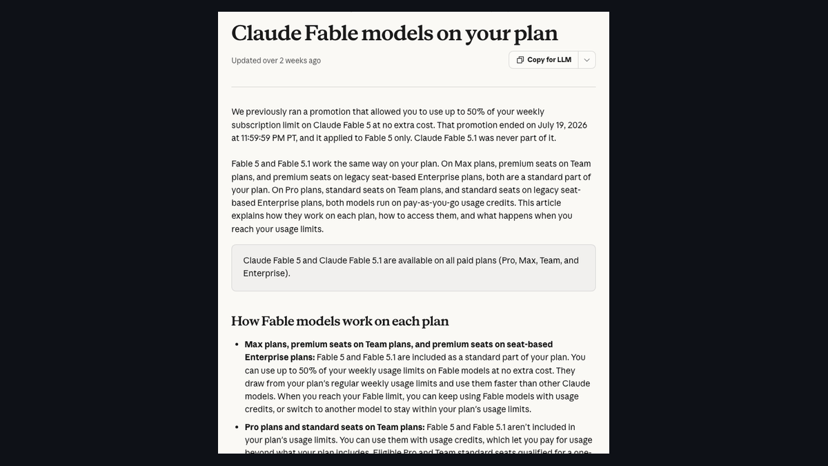 Anthropicヘルプセンター「Claude Fable models on your plan」の画面