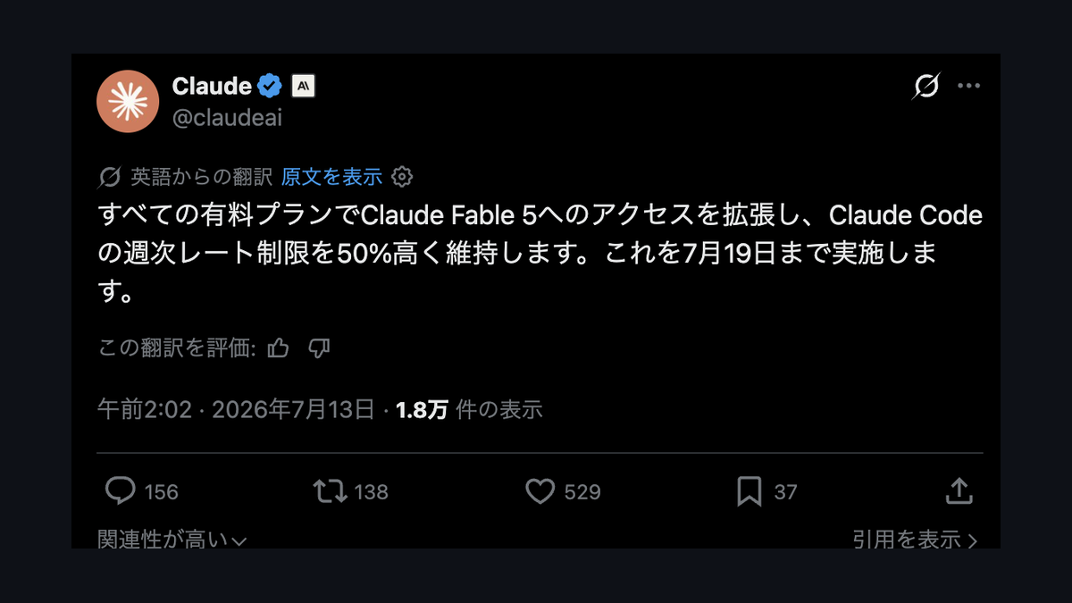Claude Fable 5プロモが2回目の延長──7月19日まで。Claude Code枠50%増も同日に足並みの記事画像