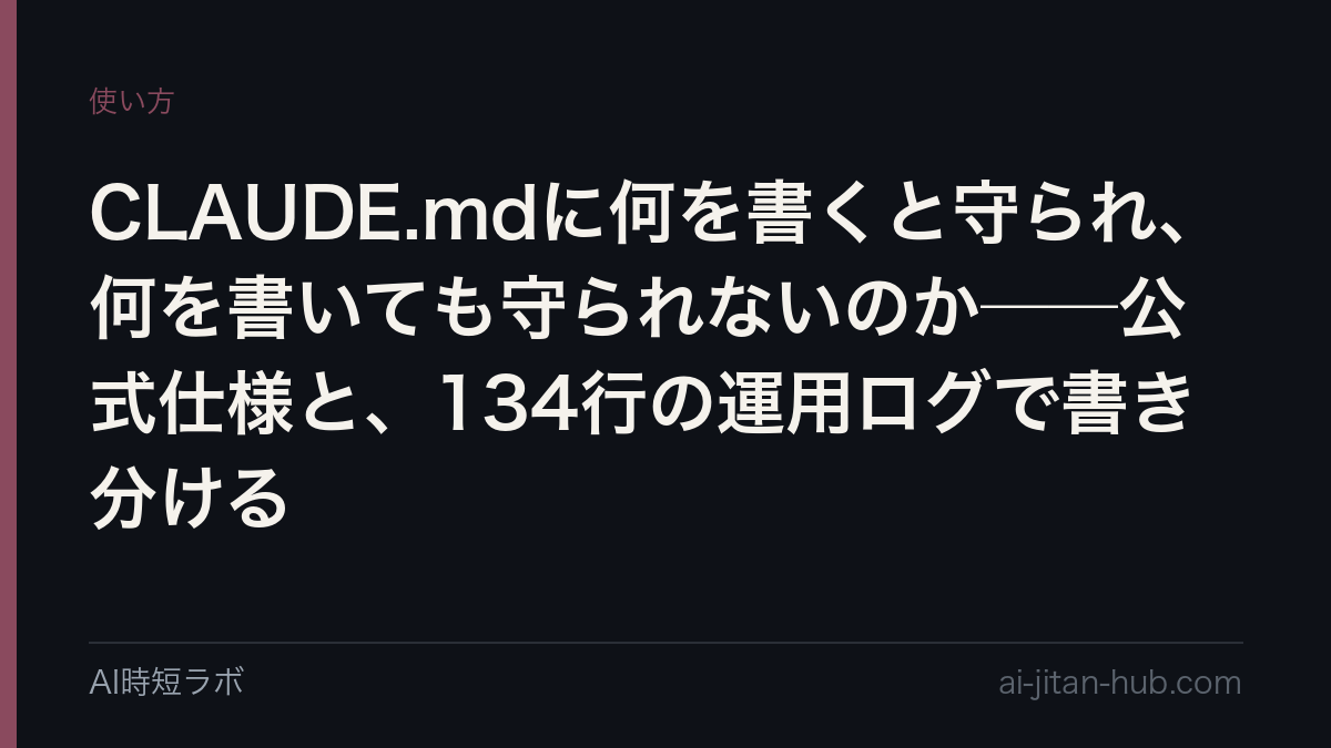 CLAUDE.mdに何を書くと守られ、何を書いても守られないのか──公式仕様と、134行の運用ログで書き分けるの記事画像
