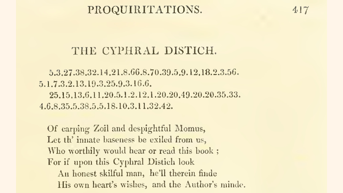 1834年版アーカート全集417ページ「THE CYPHRAL DISTICH」の数字列