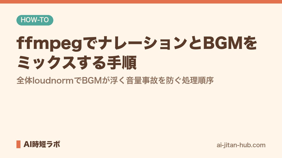 ffmpegでナレーションとBGMをミックスする手順──全体loudnormでBGMが浮く音量事故を防ぐ処理順序の記事画像